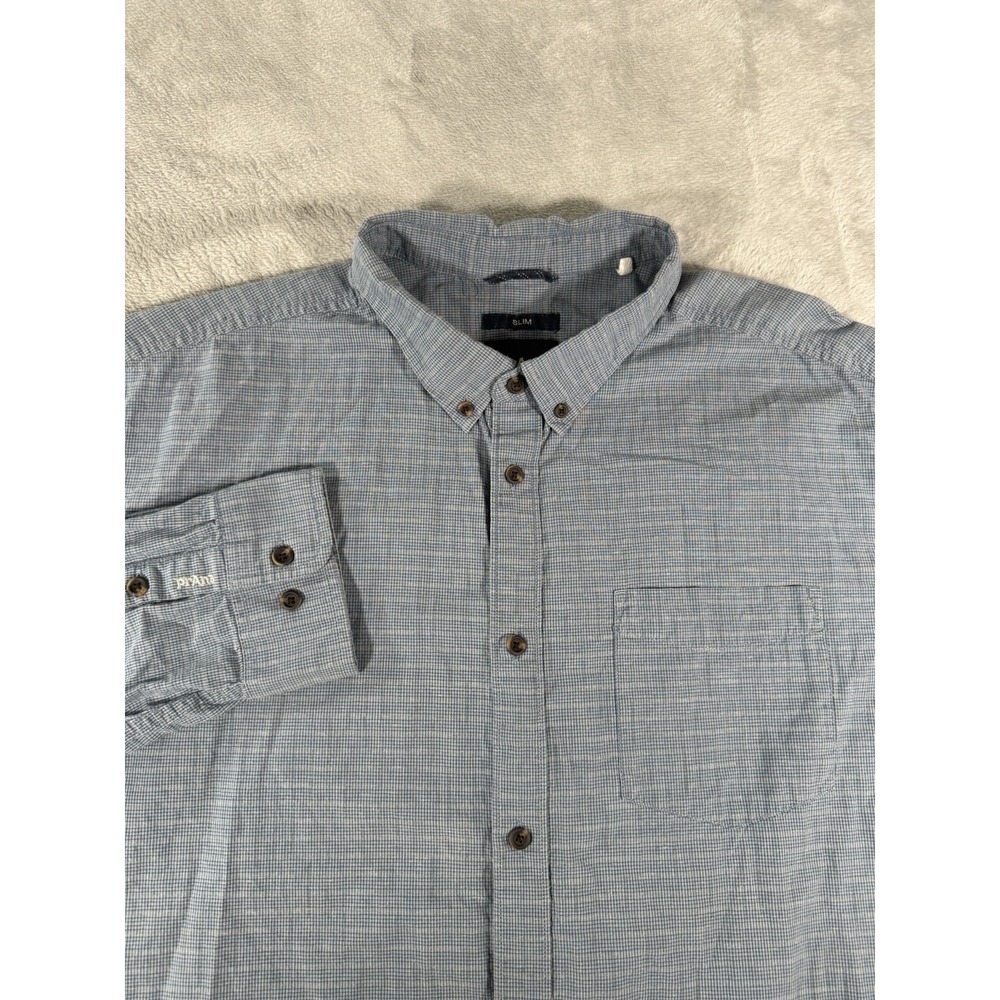 Prana Shirt Mens XL Slim Blue Organic Cotton Hemp Blend Long Sleeve Button Up
